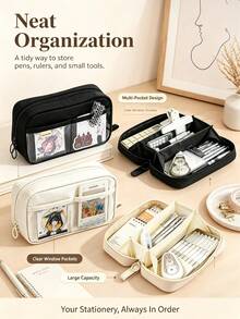 Large Capacity Pencil Case, Multi-Compartment Stationery Storage Bag With Transparent Window, Portable Desktop Organizer, Aesthetic Multi-Layer Design Makeup Bag, Suitable For Office, Travel And Daily Use, Back To School Gift - Multicolor - View 8
