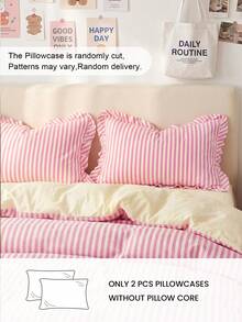 HONEYMOON 1pair Stripes Printed Pillowcases With Chic Ruffles-100% Polyester Fabric Stripes Printed Pillow Cover, Soft And Breathable, Wrinkle Resistant, No Filler-T F Q K Size For Home And Dorm, Machine Washable - Multicolor - View 2
