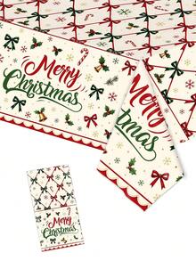 1Pc/3Pcs Christmas Plastic Tablecloth Rectangular, Merry Christmas Holiday Dining Decor, 54x108 Inch Classic Red & Cream Palette, Bow, Bell, Snowflake Vintage Pattern Winter Table Cloth, Xmas Party Decorations - Christmas Bow - View 9