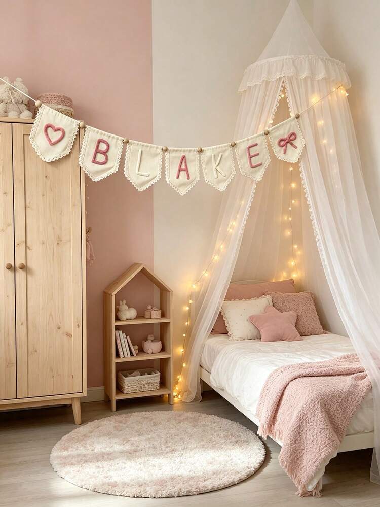 1pc Customized Lace Name Banner, Handmade Yarn Letter Garland, Personalized Baby Girl Decor, Neutral Nursery Wall Hanging, Personalized Felt Name Flag, Macaron Color Scheme Nursery Decor - Multicolor - View 2