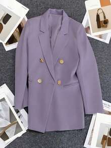 Spring/Summer Women's Solid Color Long Sleeve Double-Breasted Blazer, Notch Lapel | Suitable For Dating, Party, Outing And Holiday Celebration - Taro Purple - View 7