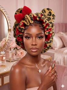 Women Leopard Print Plush Satin Teddy Bonnet-Elastic With Bow, Cute Ear Design Night Hair Wrap For Hair Protection - A - View 6