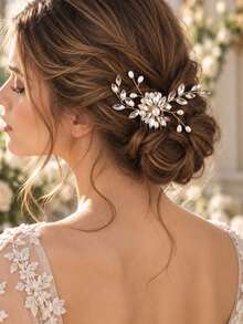 KOVLYNE 1pc Rhinestone & Pearl Hair Comb, Elegant Crystal Flower Leaf Bridal Headpiece, Sparkling Wedding Hair Accessory Suitable For Brides, Parties And Special Occasions - Multicolor - View 2