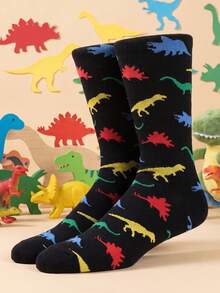 1/3 Pairs Unisex Colorful Dinosaur Print Black Crew Socks, Soft & Loose Fit Mid-Calf Socks, Suitable For Young People - Multicolor - View 2