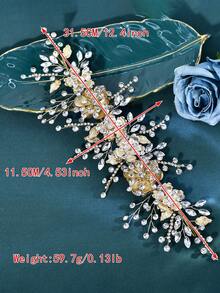 1pc Luxury Golden Rhinestone Applique Patch 3D Metal Flower Leaf Beaded Embroidery Trim Sew On Wedding Dress Evening Gown Neckline DIY Craft - Gold - View 7