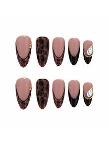 24pcs Autumn/Winter Atmosphere Leopard Print Press-On Nails Black Edge French Style Colorful Rhinestone Gold Bead Medium Long Almond Fake Nails - Multicolor - View 5