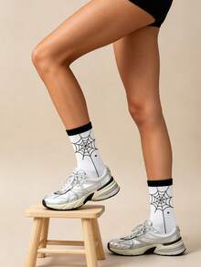 1 Pair Halloween Black & White Spider Web Breathable Mid-Calf Socks For Men Women Couples - Black and White - View 11