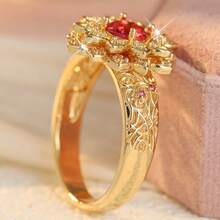 Women Vintage Hollow Flower Ring, Multi-Layer Petals Inlaid With Red Synthetic Zirconia, Intricately Carved Band, Exquisite Statement Jewelry For Banque - Multicolor - View 5