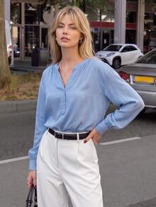 Women Fall Satin‑Like Blouse, Half‑Button V‑Neck Puff Long Sleeve Cuffed Casual Office Shirt - Baby Blue - View 9