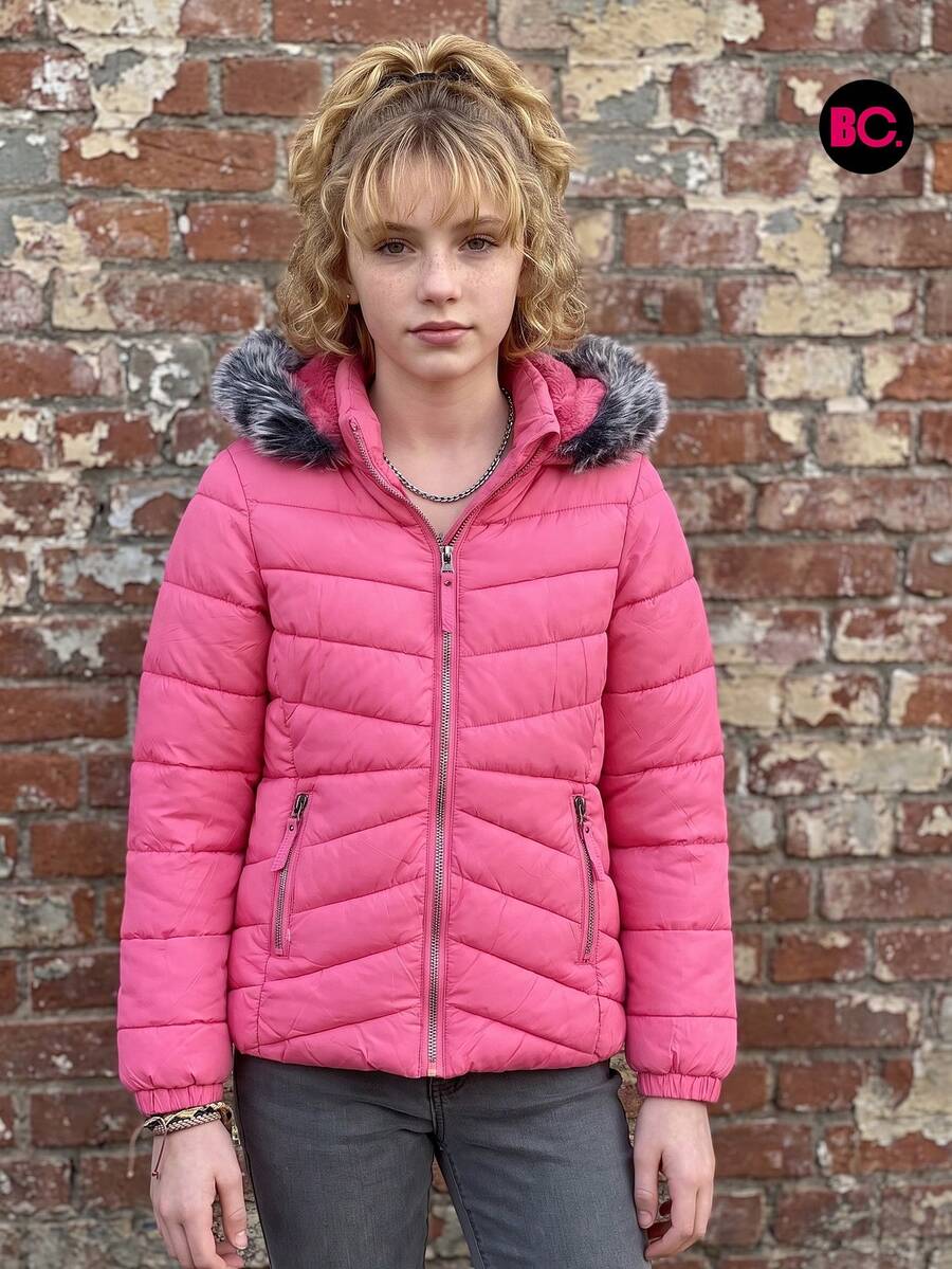 Chamarra Acolchada Para Niña Con Capucha Desmontable Y Peluche, Cierre Frontal, Bolsillos Con Cierre, Casual Para Invierno, Escuela, Paseos, Viajes Y Uso Diario Infantil Big City Moda Casual - Fucsia - Ver 1