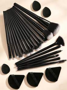 20/26Pcs Black Makeup Brushes Set With Beauty Sponges & Powder Puffs, Professional Foundation Eyeshadow Brushes Kit For Beginners - Black - View 13