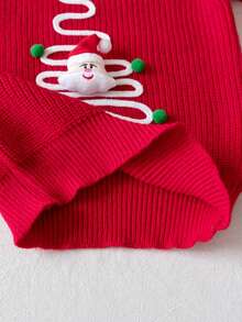 Girls' Cute Christmas Tree & Santa Claus Embroidered Pom Pom Sweater, Round Neck Knit Pullover, Suitable For Christmas, Daily Wear, Vacation, Spring, Autumn, Winter - Red - View 7