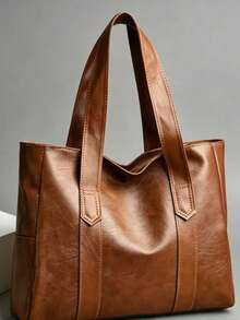 Fashion PU Underarm/Shoulder Tote Bag, Solid Color Neutral Style, Suitable For Casual, Work And Travel, Large Capacity Student Backpack, Suitable For University Campus - Brown - View 1