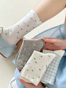 1/5/10 Pairs Women Sweet Heart Bow Plaid Mid-Calf Socks, Korean Style Cute Slouch Socks - Multicolor - View 2