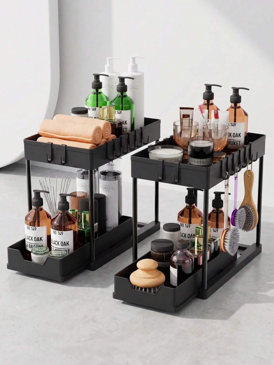 1pc Double Layer Storage Rack, Drawer-Style Organizer With Hooks And Hanging Cup, Suitable For Under Sink, Kitchen, Bathroom And More