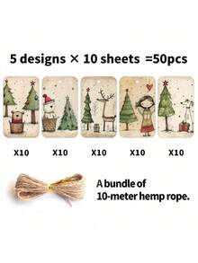 50pcs Cute Christmas Gift Tags With Jute Rope - Fantasy Holiday Design, Includes Bear, Reindeer, Christmas Tree, Angel And Dog, Holiday Paper Party Gift Tags, Suitable For Christmas Gifts, Gift Wrapping And DIY Crafts - Multicolor - View 6
