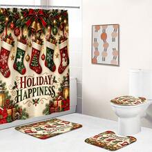 1pc/4pcs Christmas Stocking Pattern Multi-Functional Bathroom Decor Shower Curtain Set Free 12 Hooks Premium Holiday Atmosphere Bathroom Mat U-Shaped Floor Mat And Round Toilet Lid Cover Suitable For All Scenes Decoration Bathroom Set - Christmas Stockings - View 7