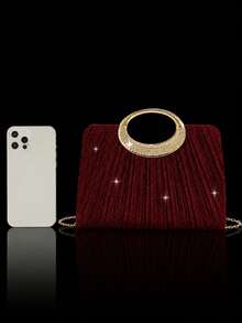This Gold Herringbone Patterned Clutch Bag Is Adorned With Sparkling Rhinestones, Making It A Luxurious And Glamorous Formal Evening Bag. It Comes With A Sparkling Rhinestone Three Pieces Set, Including A Rhinestone Pendant Necklace, Earrings, And Bracelet, Making It A Perfect Gift For Evening Parties, Parties, Birthdays, Weddings, And Other Occasions. - Burgundy - View 9