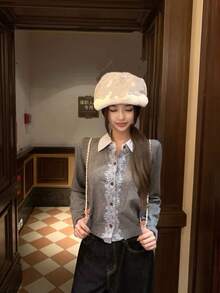 Women's Grey Lace Trim Polo Collar Top, College Style 2 In 1 Knit Cardigan - Grey - View 1
