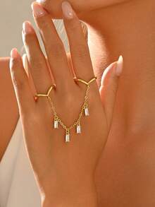 1pc Exquisite Light Luxury Vintage Style Copper Chain Rectangular Colorful Zirconia Open Ring For Women Evening Party Date Gathering Light Dress Accessory - Multicolor - View 6