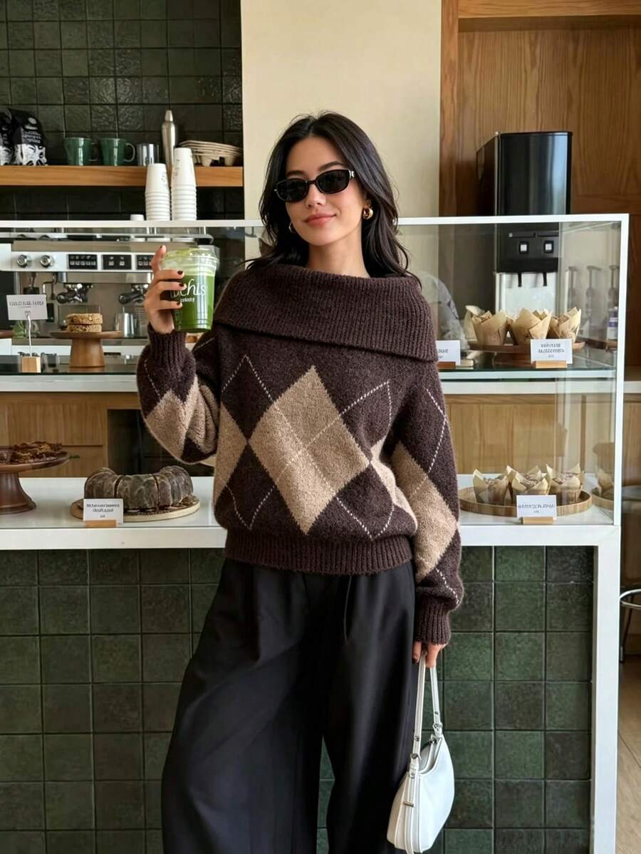 DEEKA Autumn/Winter New European & American Fashion Versatile Diamond Cutout Shoulder Knit Sweater - Brown - View 1