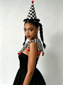 1set Black White Check Clown Hat And Star Shape False Collar Set With Red Pom Poms Halloween Circus Cosplay Costume Accessory For Carnival Theme Party - A - View 4