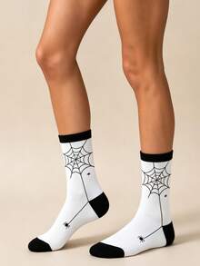1 Pair Halloween Black & White Spider Web Breathable Mid-Calf Socks For Men Women Couples - Black and White - View 1
