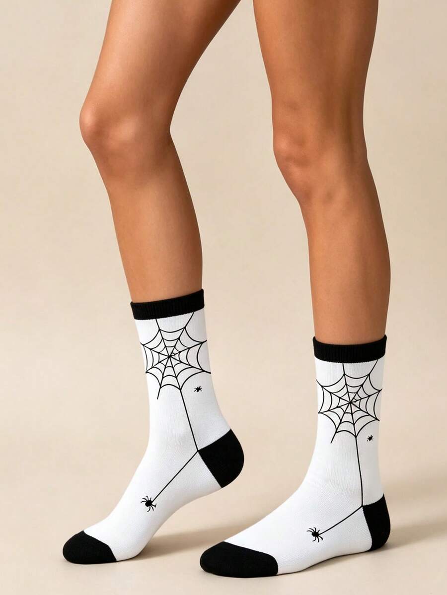 1 Pair Halloween Black & White Spider Web Breathable Mid-Calf Socks For Men Women Couples - Black and White - View 1