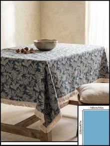 1pc Gray Blue Base White Branch & Leaf Pattern Tablecloth, Natural Rustic Style Linen Blend Material, Rectangular Beige Tassel Edge Detail, Stain-Resistant Desktop Protection Function, Suitable For Daily Home Use And Natural Dining Table Decor Scenes - Blue - View 17