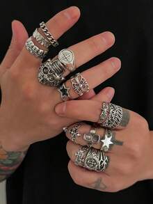 16pcs/Set Vintage Punk Gothic Style Multi-Element Combination Ring Set, Metal Skull Cross Decor Rings, Men's Rock Street Fashion Accessories - Antique Silver - View 6
