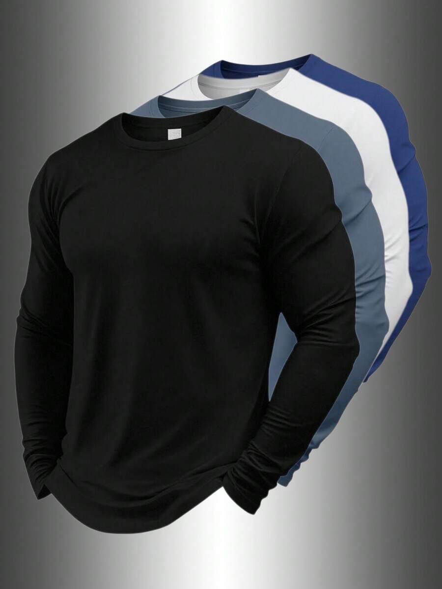 Men's Spring/Autumn Soft Comfortable Lightweight Breathable Solid Color Long Sleeve T-Shirt For Running, Fitness, Sports And Casual Wear - Black - View 1