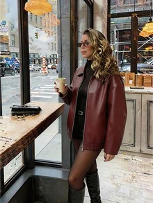 女款秋冬法式人造皮革翻領拉鍊短版夾克，落肩設計、彈性下擺，適合聚會度假，酷帥百搭穿搭 - 酒紅色 - 查看 4