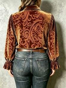 Plus Size Vintage Western Style Velvet Shirt, Baroque Scroll Print Lantern Sleeve Button-Up Blouse, Suitable For Autumn/Winter Daily Wear, Cowgirl Party And Dinner Date - Coffee Brown - View 6