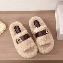 Women's Plush One-Strap Slides, Metal Buckle PU Leather Strap Open Toe Fluffy Thick Sole Warm Indoor Outdoor Slippers For Autumn Winter - Beige - View 5