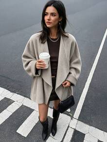 Workwear Wool Oversized Wool Coat Women Drop Shoulder Lapel Double Face Wool Cropped Work Travel Fall Winter Fashion - Grey - View 1