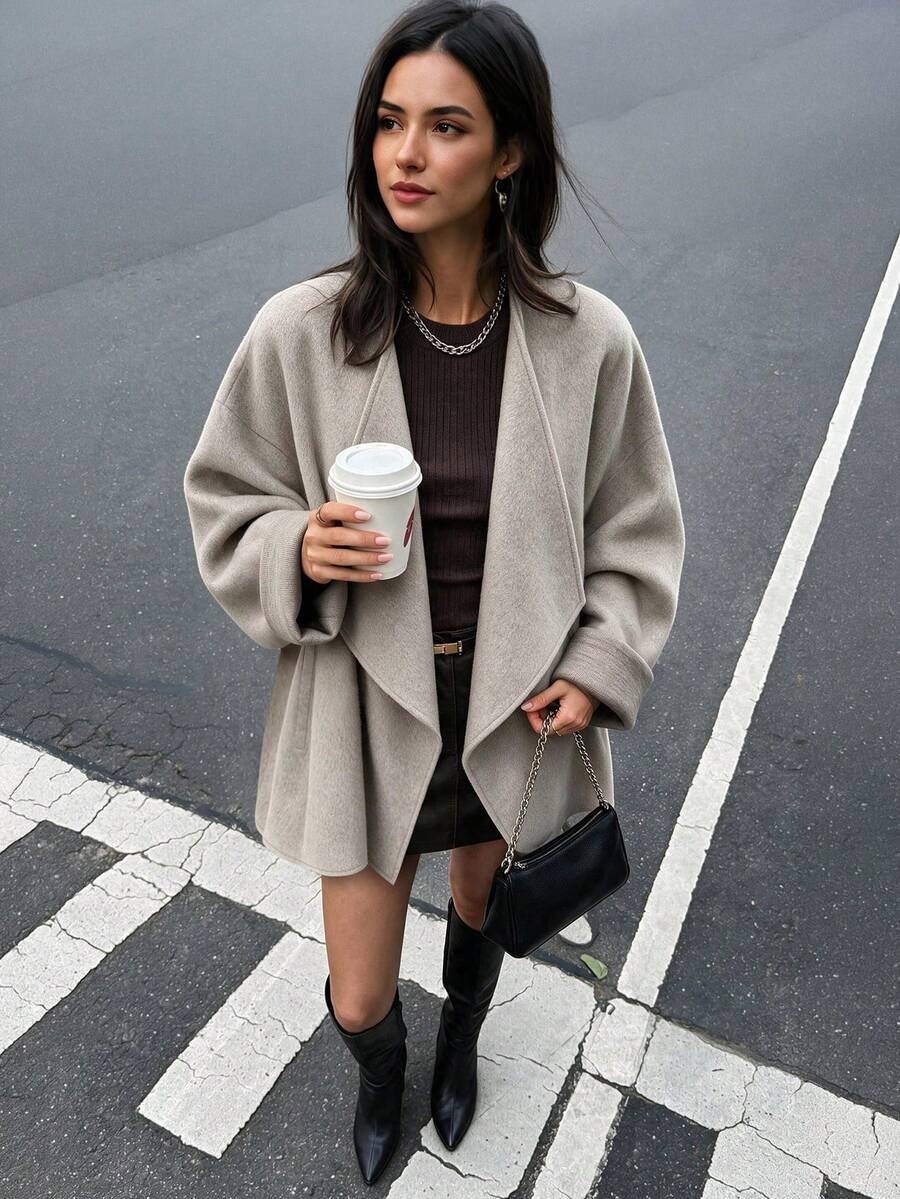 Workwear Wool Oversized Wool Coat Women Drop Shoulder Lapel Double Face Wool Cropped Work Travel Fall Winter Fashion - Grey - View 1