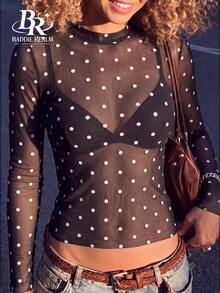 BADDIE REALM Women's Slim Fit Long Sleeve Polka Dot Mesh Top, Elastic Daily Basic Style - Black - View 4