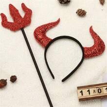 2pcs Halloween Costume Accessory Set, Red Glitter Devil Horn Headband & Trident Prop, Festival Party Accessories, Suitable For Cosplay, Role Play, Photo Shoot, Unisex - Multicolor - View 3