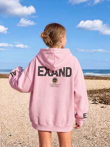 1 pièce sweat-shirt à capuche style américain pour adolescente avec imprimé lettres EXAND, sweat-shirt ample rose clair, convient pour le printemps et l'automne - Rose bonbon - Voir 2