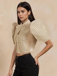 Philippine Style Women's Minimalist Elegant Puff Short Sleeve Top - Champagne - View 5