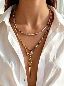 1件時尚獨特銀色金屬粗鏈幾何鏤空方環可調節套索長項鍊，龐克創意誇張開口幾何方扣防滑金屬長項鍊，適合女性日常、度假與派對穿搭 - 金色 - 查看 1