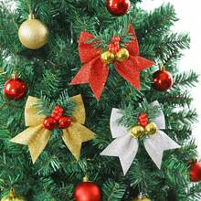 Christmas Bow Ornament With Artificial Pine Branches, Red Berries And Gold Bells, Suitable For Christmas Tree, Wreath, Gift Box Holiday Decoration - Christmas Gift - Birthday Gift - Perfect Gift - Holiday Gift - Small Gift - Multiple Styles - View 3