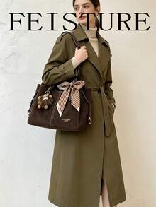 FEISTURE 1件 PU材質女款通勤圍巾裝飾托特包，時尚吊飾肩背包，適合女孩、女性、大學生、職場新人與白領上班族，適用於工作、商務、通勤、上學 - 咖啡 - 查看 7