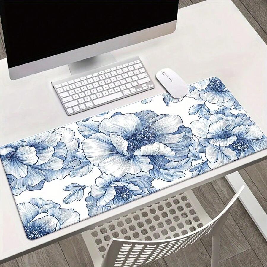 XXL Blue Line Sketch Peony Gaming Mouse Pad, Made Of Premium Micro-Woven Fabric Desktop Mat, Non-Slip Rubber Base Keyboard Pad, High Definition Printing, Suitable For PC Laptop Wireless Mouse, Minimalist Line Drawing Floral Style Gift For Enthusiasts - Blue Sketch Peony - View 1