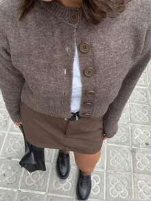 Women's Plus Size Solid Color Dropped Shoulder Long Sleeve Single-Breasted Knit Cardigan - Brown - View 3