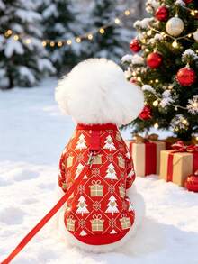 1pc Christmas Dog Clothes With Leash Hook, Xmas Tree Gift Print Puppy Sweatshirt, Soft Festive Pet Holiday Outfit, Winter Dog Coat For Small Medium Dogs. - Red - View 8