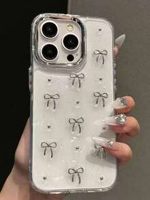 Minimalist Silver Textured Small Bow & Metal Bead Metal Frame Design Phone Case, Compatible With IPhone17/16/16Plus/16Pro/16ProMax/15/14/13/12/11/X/XS/XR/Mini/Pro Max/Pro/Plus TPU Full Coverage Soft Shell - Silver - View 29