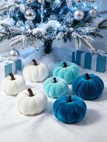 12pcs Christmas Velvet Artificial Pumpkins, Dreamland Blue And White Velvet Artificial Pumpkin Decor, Suitable For Autumn Winter Decor, Thanksgiving Harvest Backdrop, Dining Table Centerpiece, Home Decor, Fireplace Decor, Christmas Party - Blue Pumpkin Shop - 1 - View 1