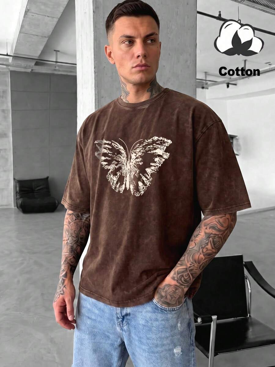 YUNCHIC - Men's Casual Washed T-Shirt, Cartoon Butterfly Pattern, Loose Fit, Versatile Daily Summer Wear - Coffee Brown - View 1