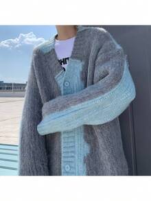 [メンズ&レディース]レトロ オーバーサイズ Vネック カーディガン セーター - ソフトピンク&ブラウン カラーブロック ルーズフィット 冬 暖かい ユニセックス カジュアル アウター パイプトリム - グレー - チェックする 4